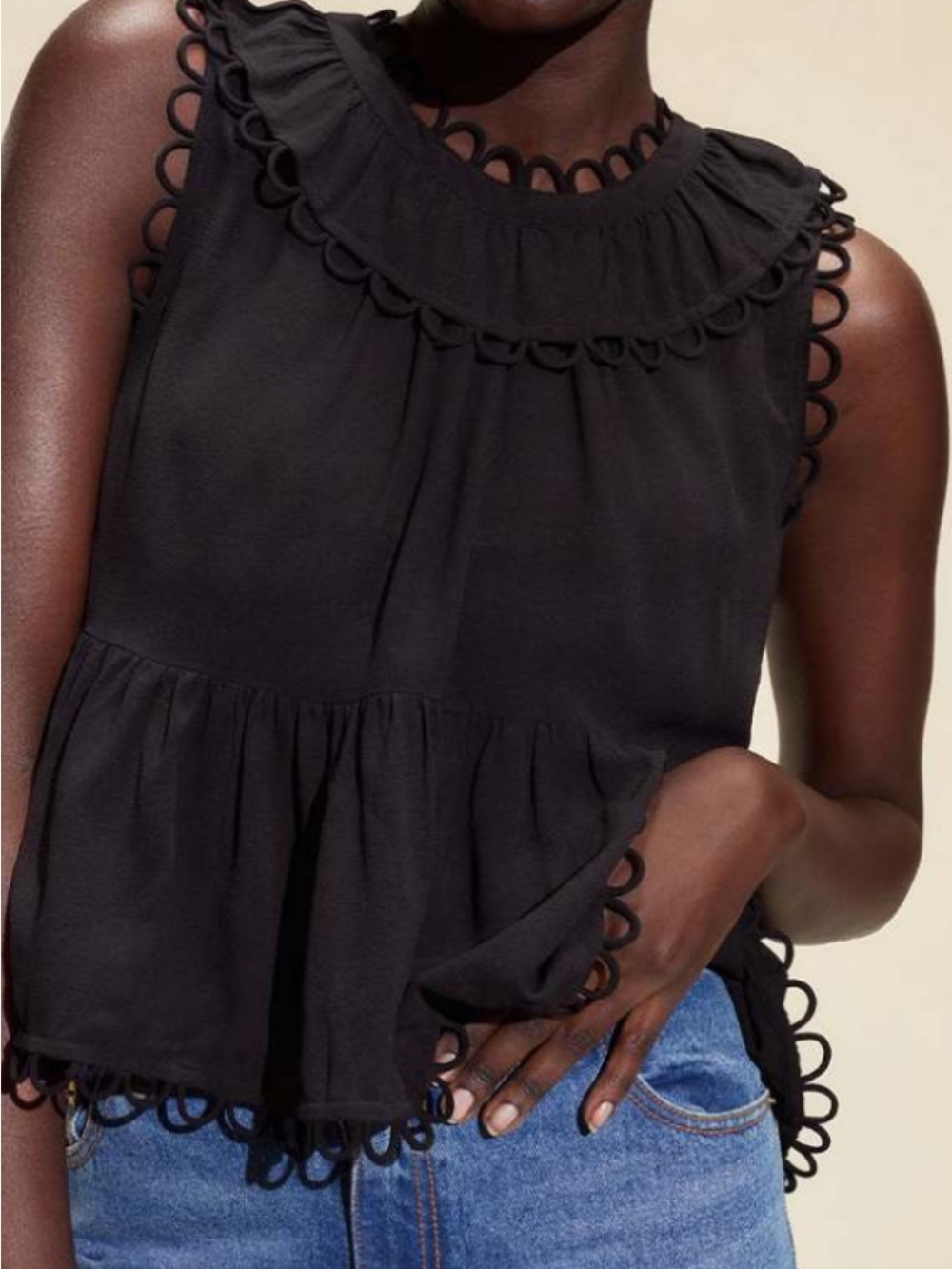 Cynthia Rowley Black Sleeveless Peplum Tank with Loop Trim